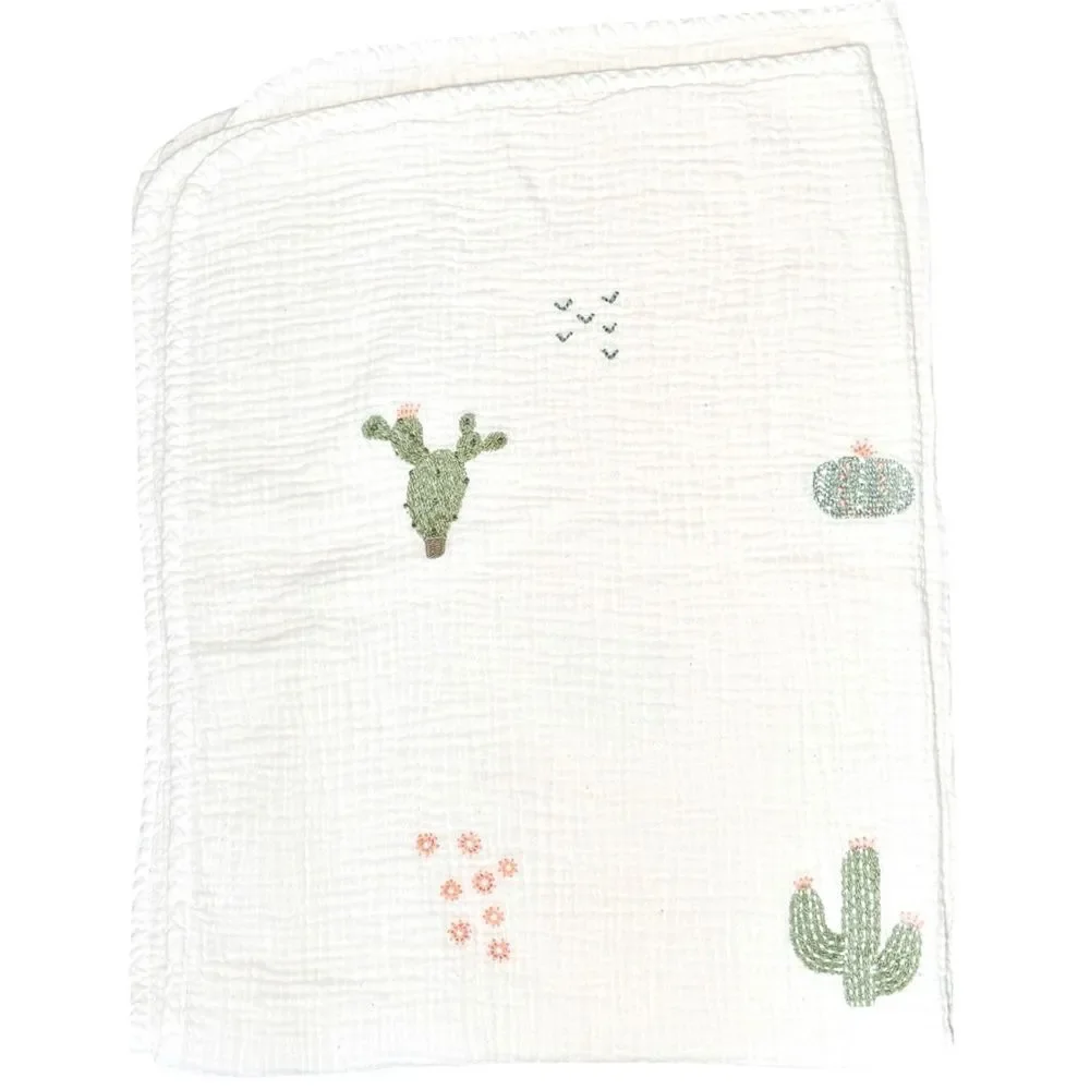 Pottery Barn Kids 100% Cotton Cactus Embroidered Lightweight 30x40 Inch Blanket.